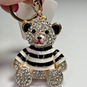 Fashion Jewelry Gold Rhinestone Striped Teddy Bear Keychain Bag Charm Y2K Bling